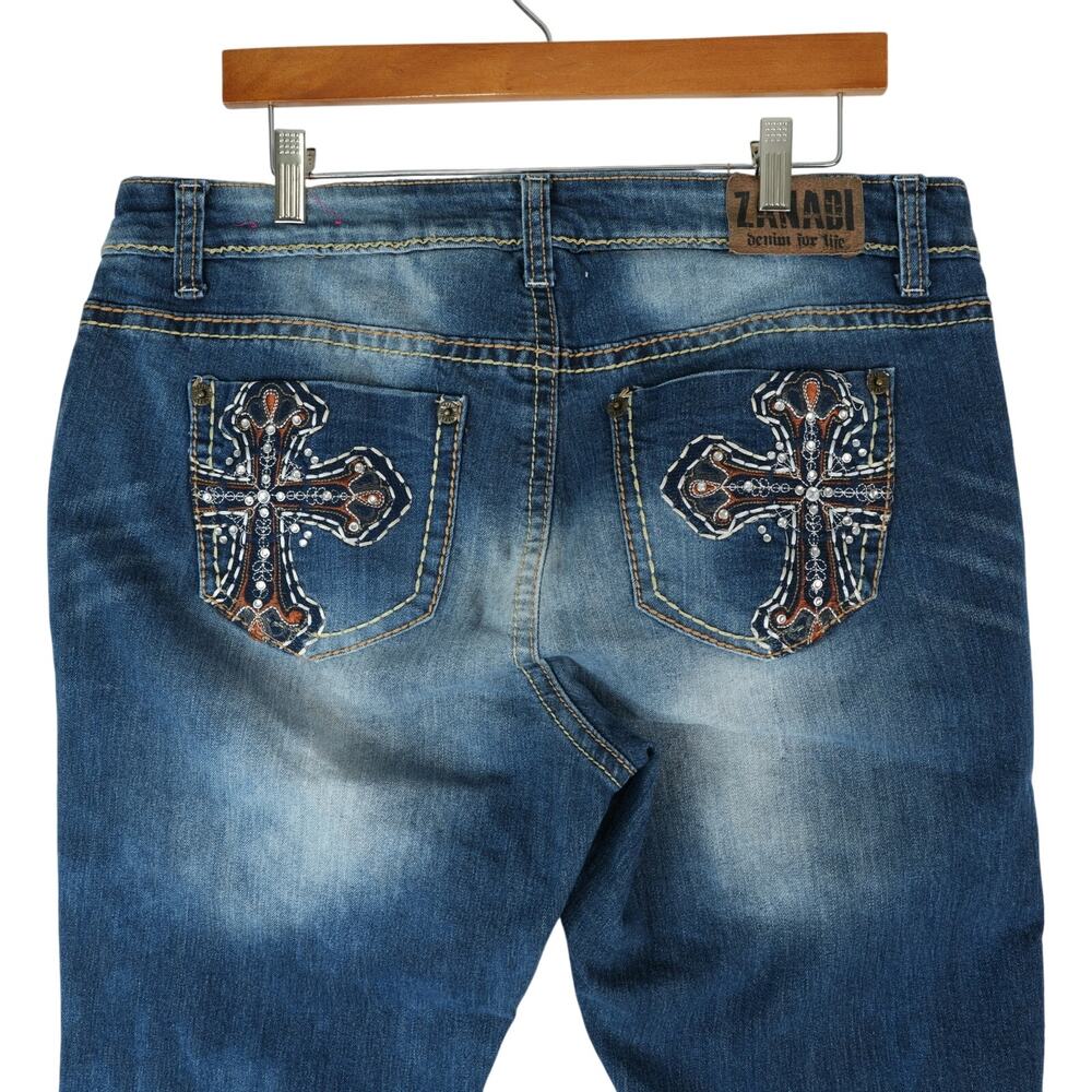 Vtg Zanadi Jeans Womens 18 (36x31.5)‎ Blue Denim Cross Bling Embroidered Y2K